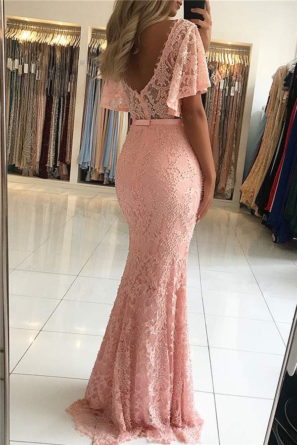 Mermaid V-neck Sweep / Brush Train Homecoming Gown With Beading 2