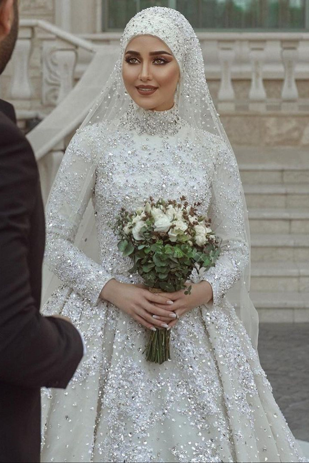 A-line High Neck Long Sleeves Sweep / Brush Train Satin Bridal Gown With Sequins 4