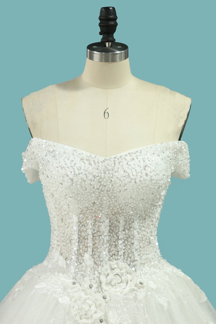 Ball Gown Off-the-shoulder Sweetheart Neck Sleeveless Floor-length Tulle Bridal Dress With Appliques 3