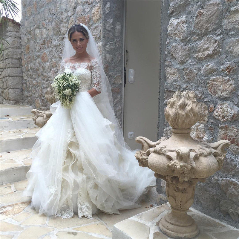 A-line Bateau Neck Chapel Train Organza Bridal Attire With Lace 4