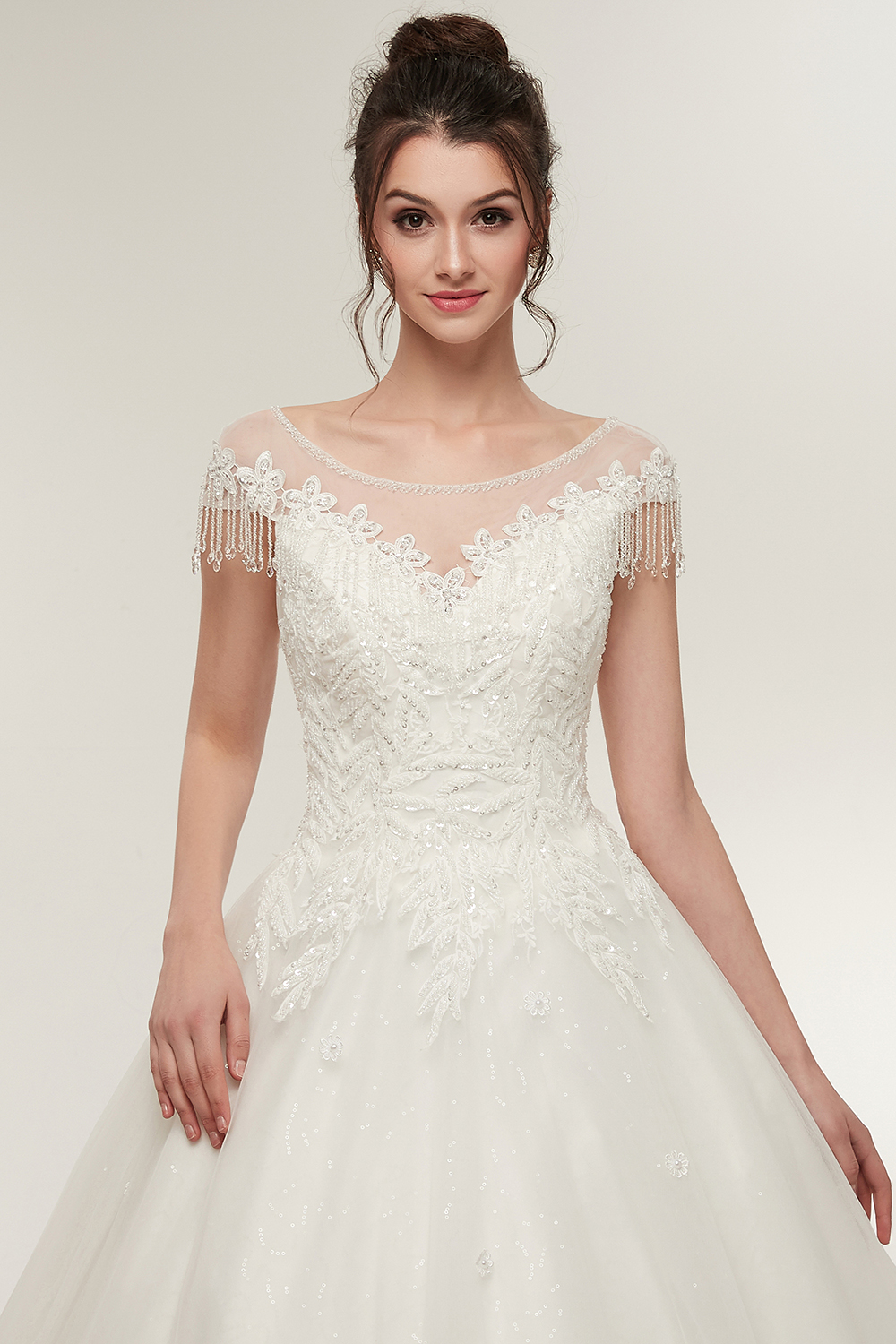 Jewel Neck Short Sleeves Floor-length Tulle Wedding Dress With Ruffles 8