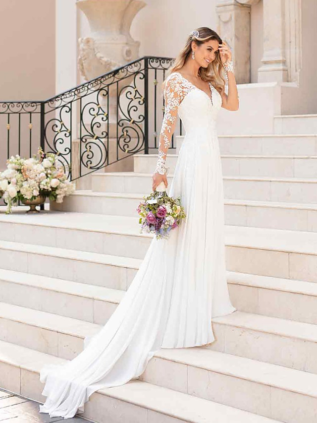 A-line V-neck Long Sleeves Chapel Train 100D Chiffon Bridal Gown With Lace 2