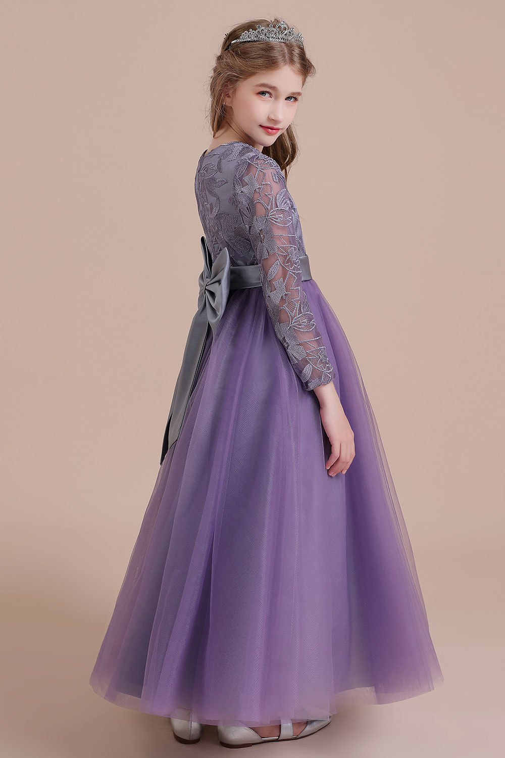 A-line Jewel Neck Long Sleeves Ankle-length Tulle Flower Girl Dress With Bow 8