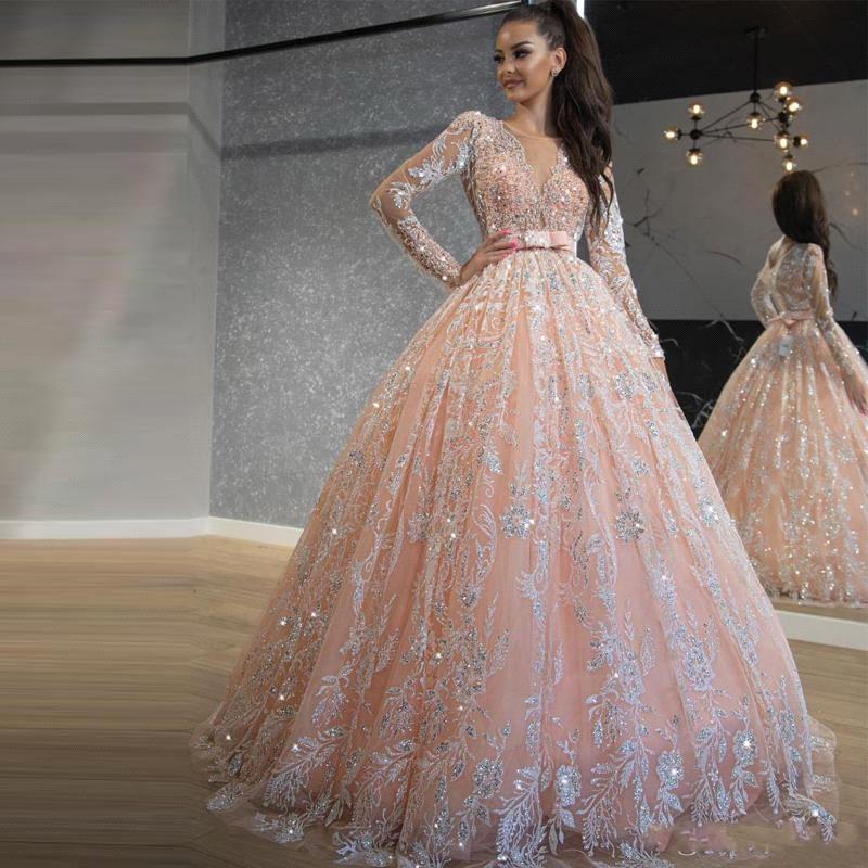 Ball Gown Jewel Neck Long Sleeves Sweep / Brush Train Tulle Wedding Gown With Crystal 2