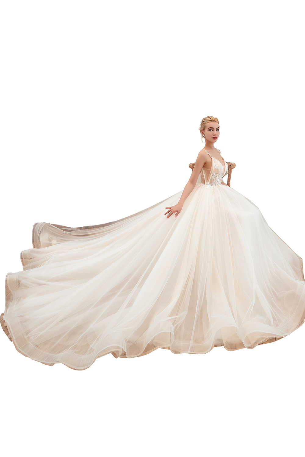 A-line Spaghetti Straps V-neck Sleeveless Cathedral Train Tulle Wedding Dress With Beading 21