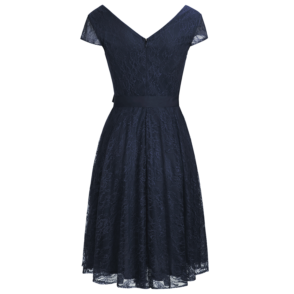 A-line V-neck Short Sleeves Knee-length Lace Bridesmaid Dress With Ribbons 11