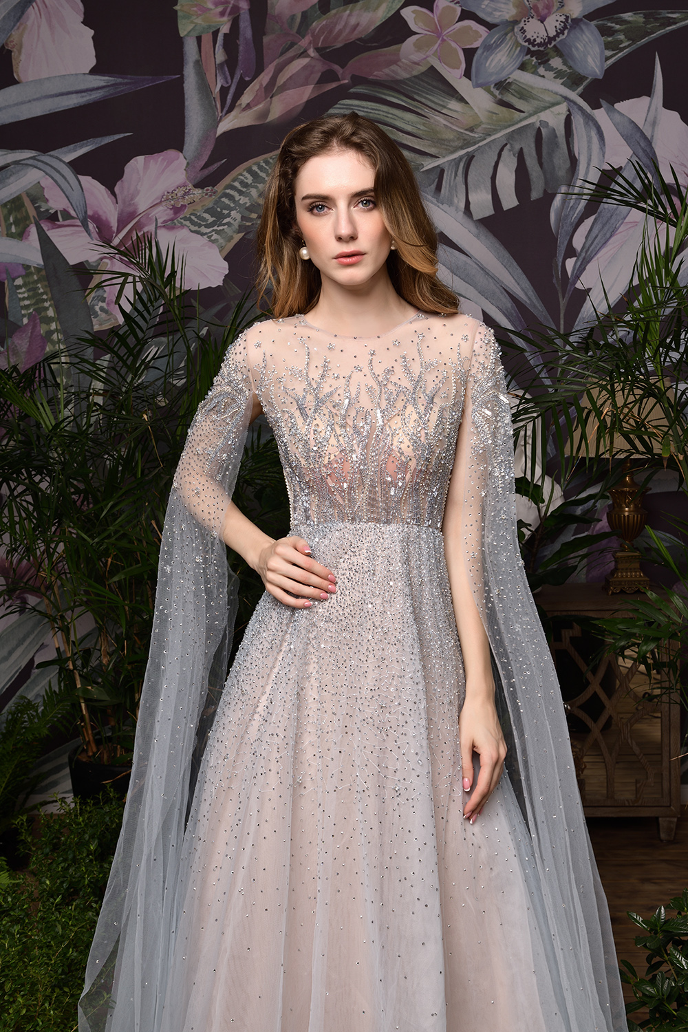 A-line Jewel Neck Long Sleeves Sweep / Brush Train Tulle Evening Gown With Beading 7