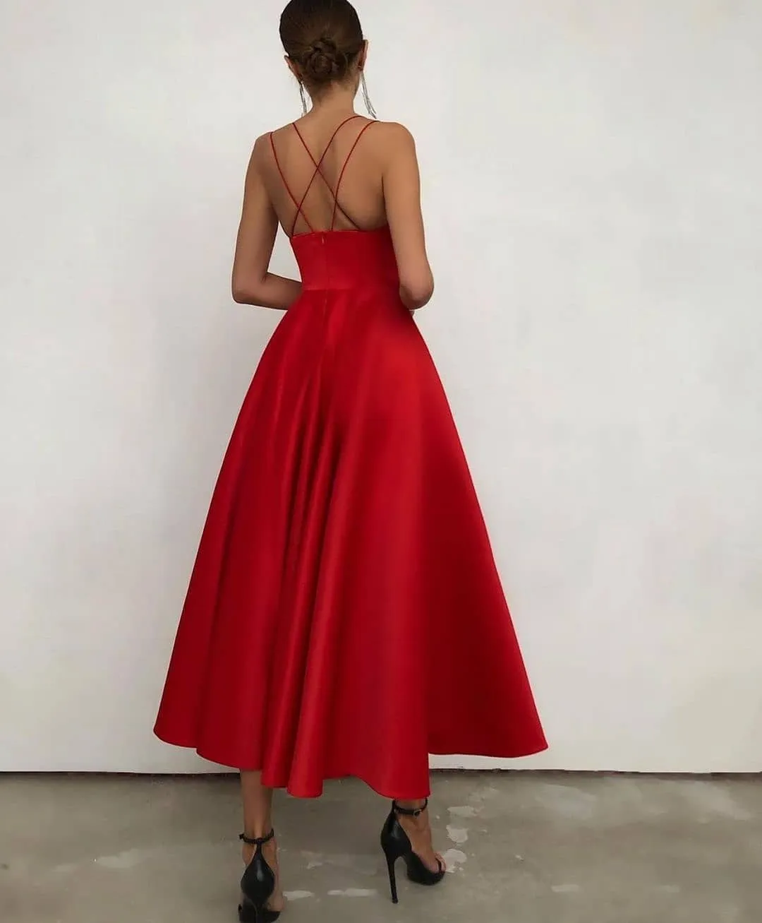 A-line Spaghetti Straps Sleeveless Tea-length Satin Evening Gown With Ruffles 2
