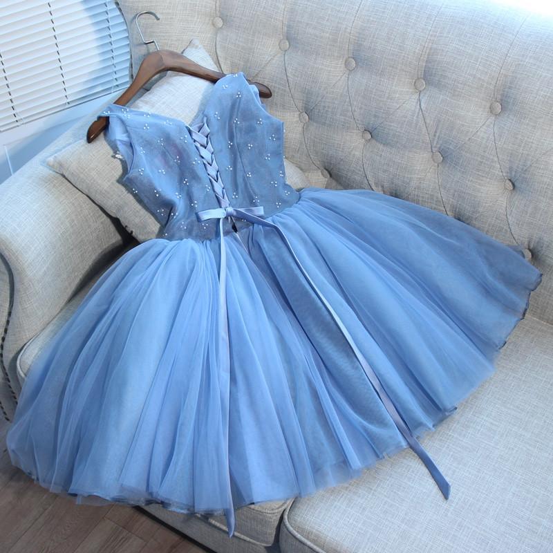 A-line V-neck Sleeveless Mini Tulle Cocktail Party Gown With Appliques 3