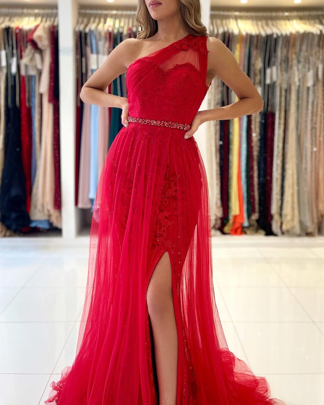 Mermaid One Shoulder Sleeveless Floor-length Lace Evening Dress With Beading 4
