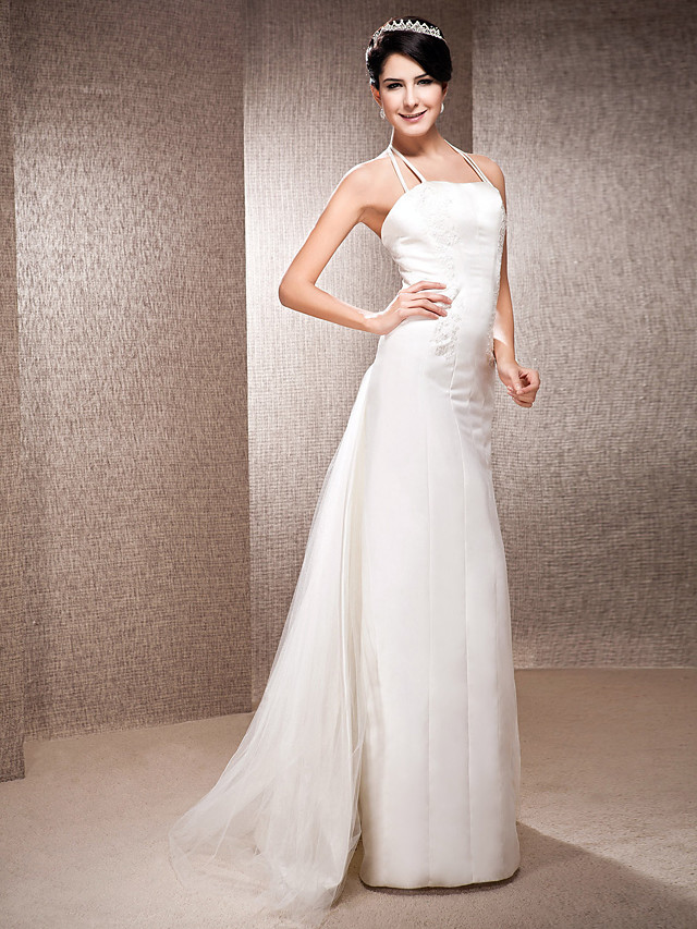Column Halter-neck Sleeveless Floor-length Tulle Bridal Dress 2