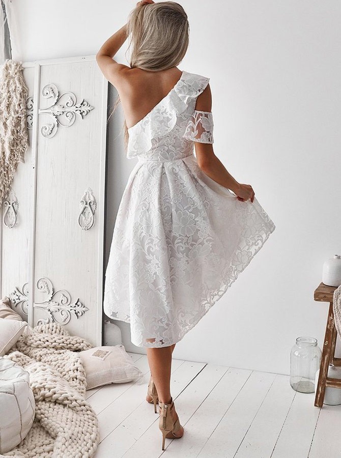 A-line One Shoulder Sleeveless Hi-Lo Cocktail Party Dress With Lace 4