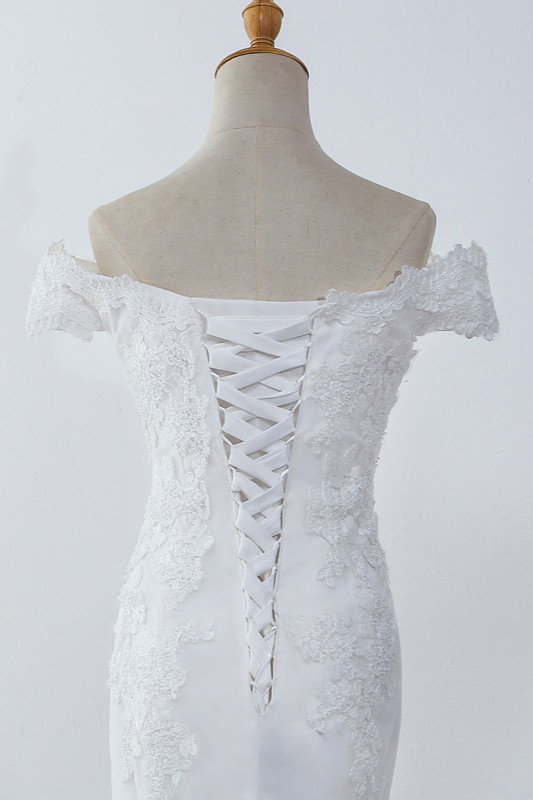 Mermaid Off-the-shoulder Short Sleeves Floor-length Tulle Wedding Dress With Appliques 6