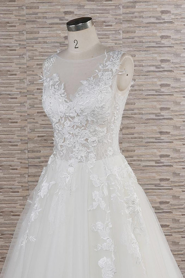 A-line Jewel Neck Sleeveless Court Train Tulle Bridal Gown With Appliques 5
