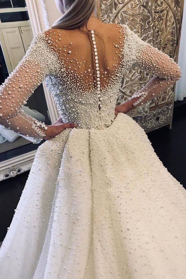 Column Jewel Neck Long Sleeves Cathedral Train Tulle Wedding Gown With Buttons 2