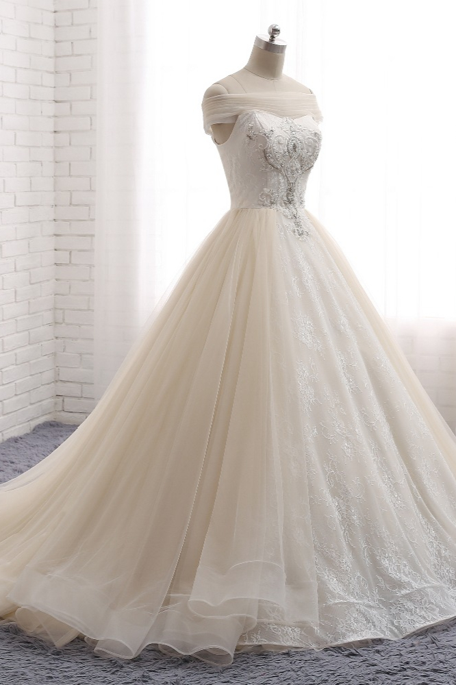 A-line Bateau Neck Floor-length Tulle Bridal Gown With Lace 3