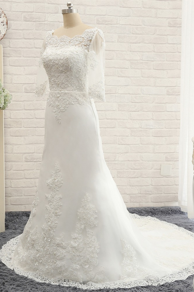 A-line Half-Sleeves Floor-length Stretch Satin Wedding Dress With Appliques 3