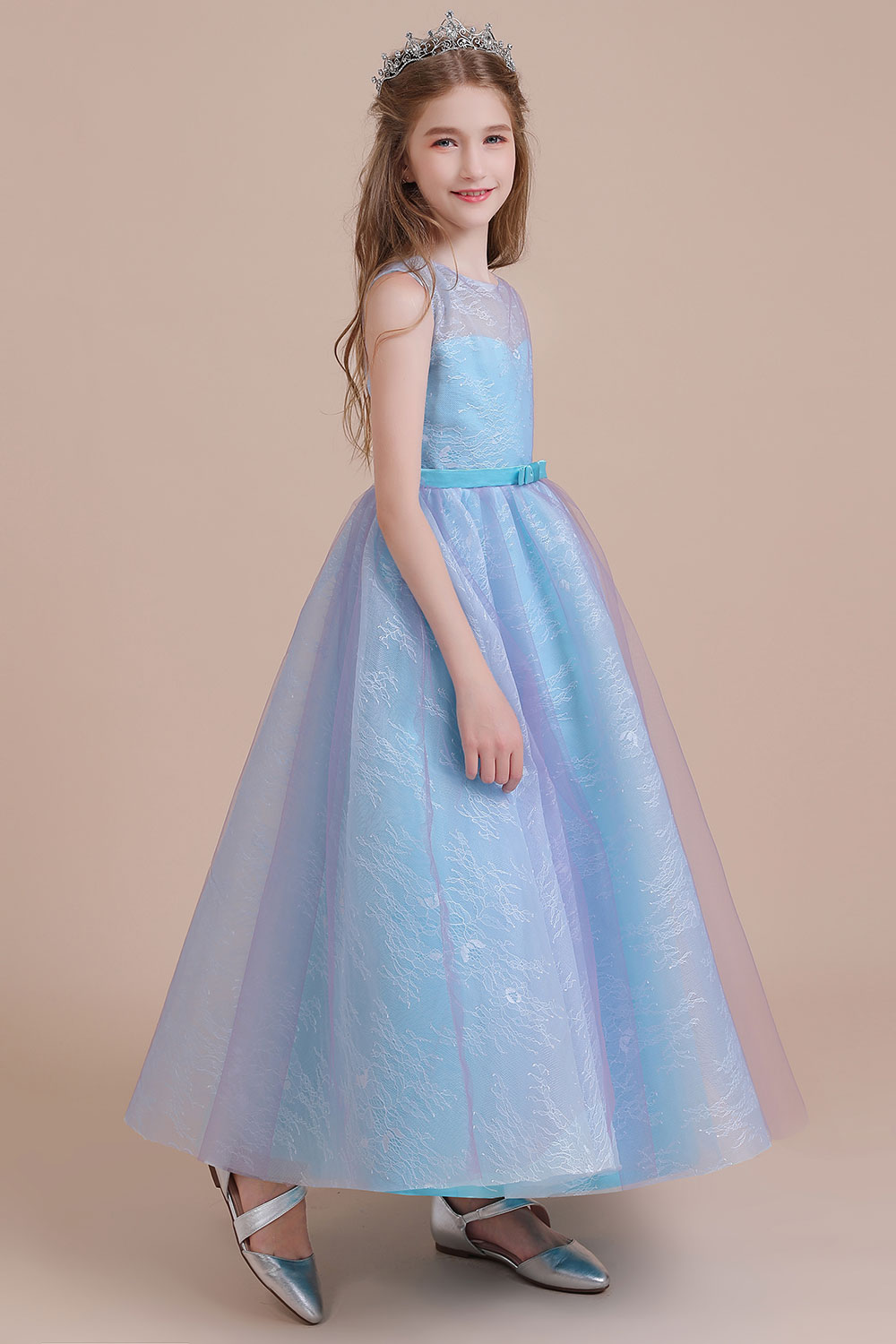 A-line Sweetheart Neck Jewel Neck Sleeveless Ankle-length Tulle Flower Girl Dress With Lace 5