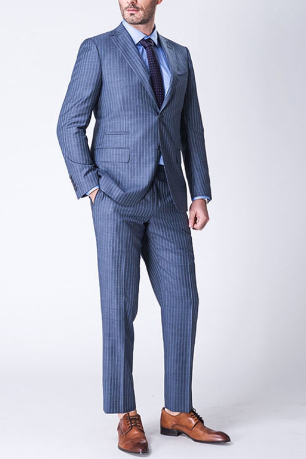 Blue Two Piece Wool Blend Men's Business Suit with Amari  Stripes 2