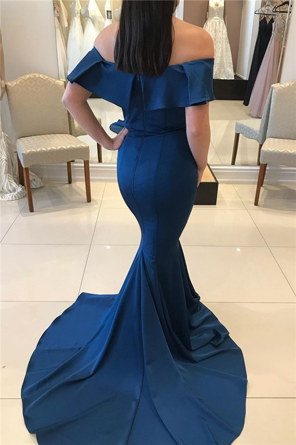 Mermaid Off-the-shoulder Short Sleeves Floor-length Stretch Satin Formal Dress With Sweep / Brush Train 2