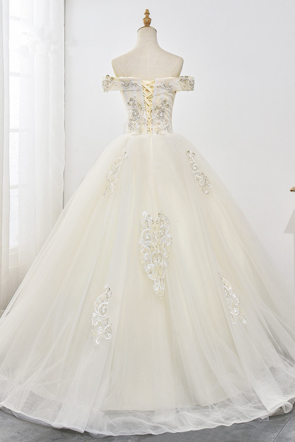 Ball Gown Off-the-shoulder Sweetheart Neck Floor-length Tulle Bridal Dress With Beading 2