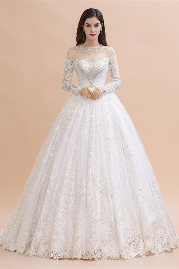 A-line Jewel Neck Long Sleeves Court Train Tulle Wedding Gown With Beading 1