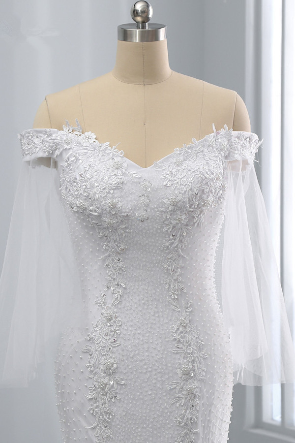 Mermaid Strapless Off-the-shoulder Sweetheart Neck 3/4-Length Sleeves Floor-length Tulle Bridal Attire With Appliques 5