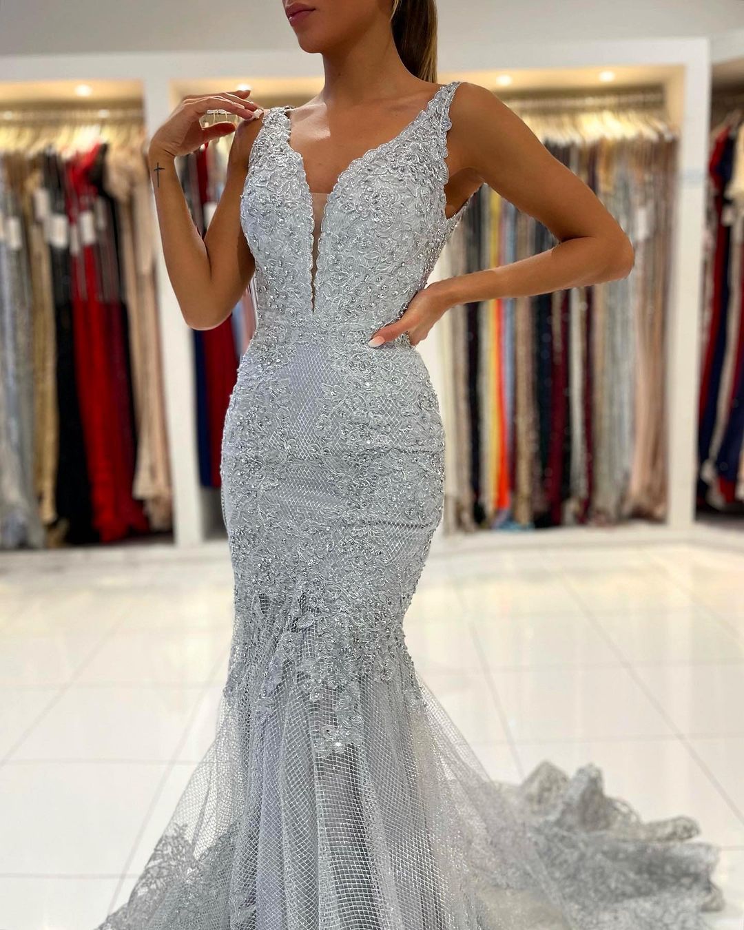 Mermaid Straps Sleeveless Floor-length Lace Evening Dress With Crystal 5
