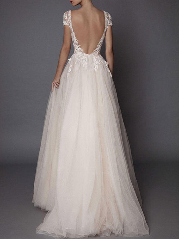 A-line V-neck Short Sleeves Sweep / Brush Train Wedding Gown With Appliques 2