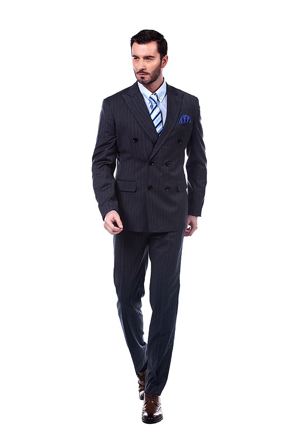 Black Striped Double Breasted Wool Blend Men's Suit with Peak Lapel 1