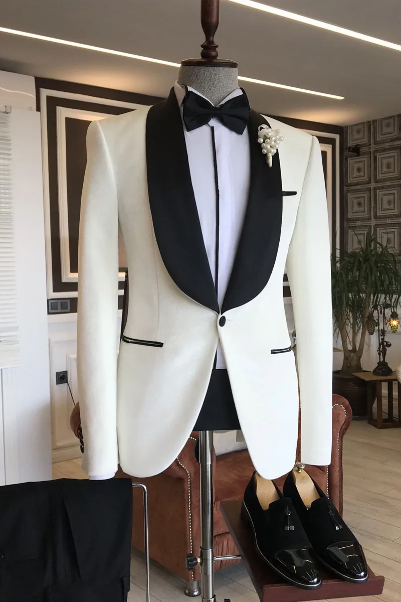 White Wedding Suit for Grooms with Shawl Lapel 1