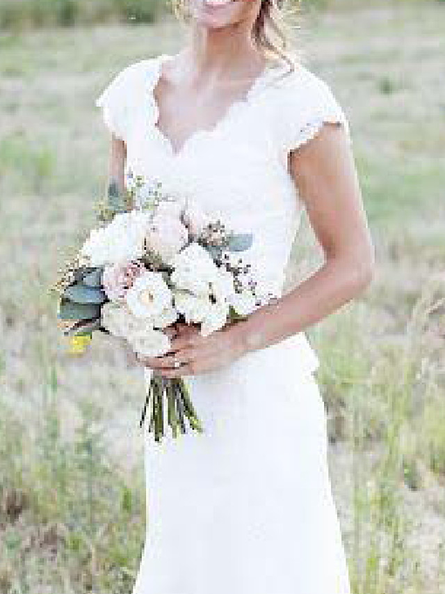 A-line V-neck Cap Sleeves Sweep / Brush Train Tulle Wedding Gown With Lace 3