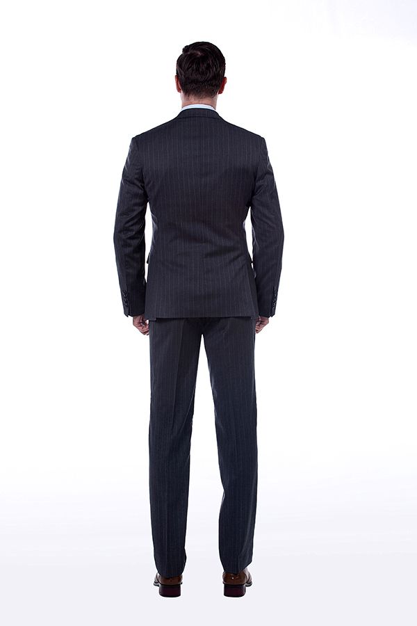 Black Striped Double Breasted Wool Blend Men's Suit with Peak Lapel 2