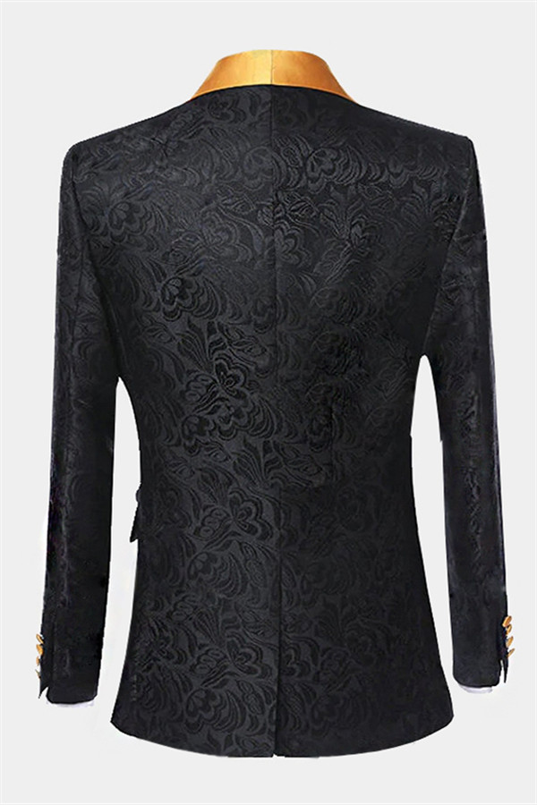 Black Jacquard Tuxedo with Gold Shawl Lapel 2