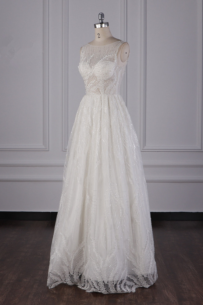 A-line Jewel Neck Sleeveless Floor-length Tulle Bridal Dress With Ruffles 3