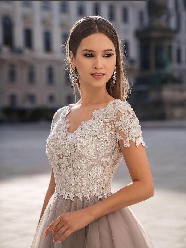 A-line V-neck Cap Sleeves Tea-length Tulle Party Dress With Appliques 4