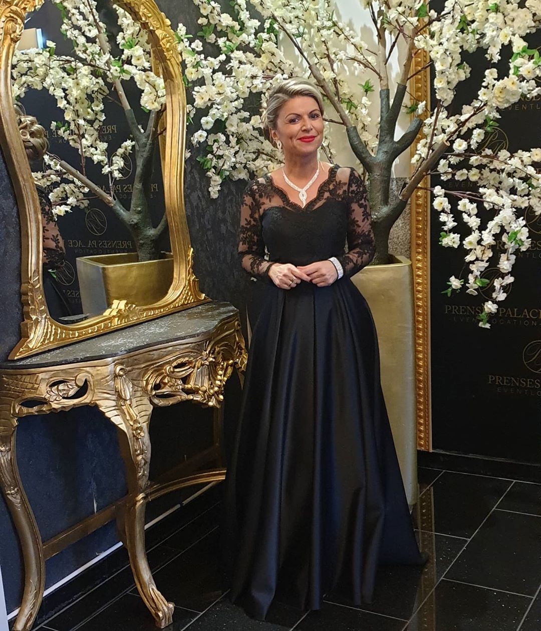 Black V-neck Satin Lace Evening Dress with Long Sleeves -  and 4