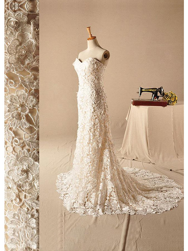 Mermaid Strapless Sleeveless Court Train Lace Wedding Gown With Beading 2