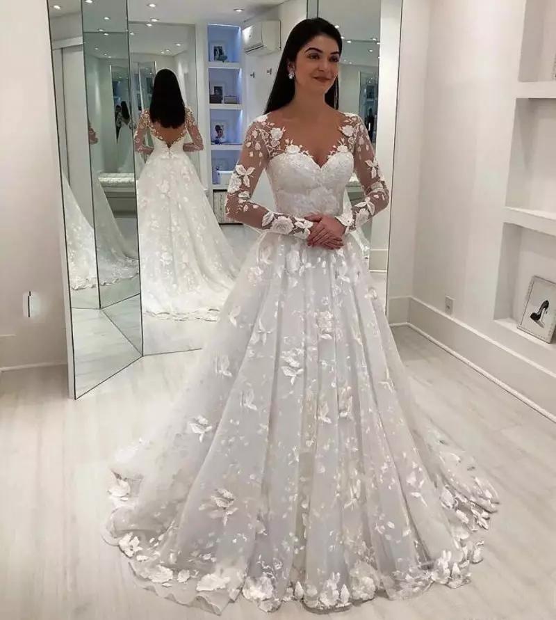 A-line V-neck Sweep / Brush Train Wedding Dress With Lace 2