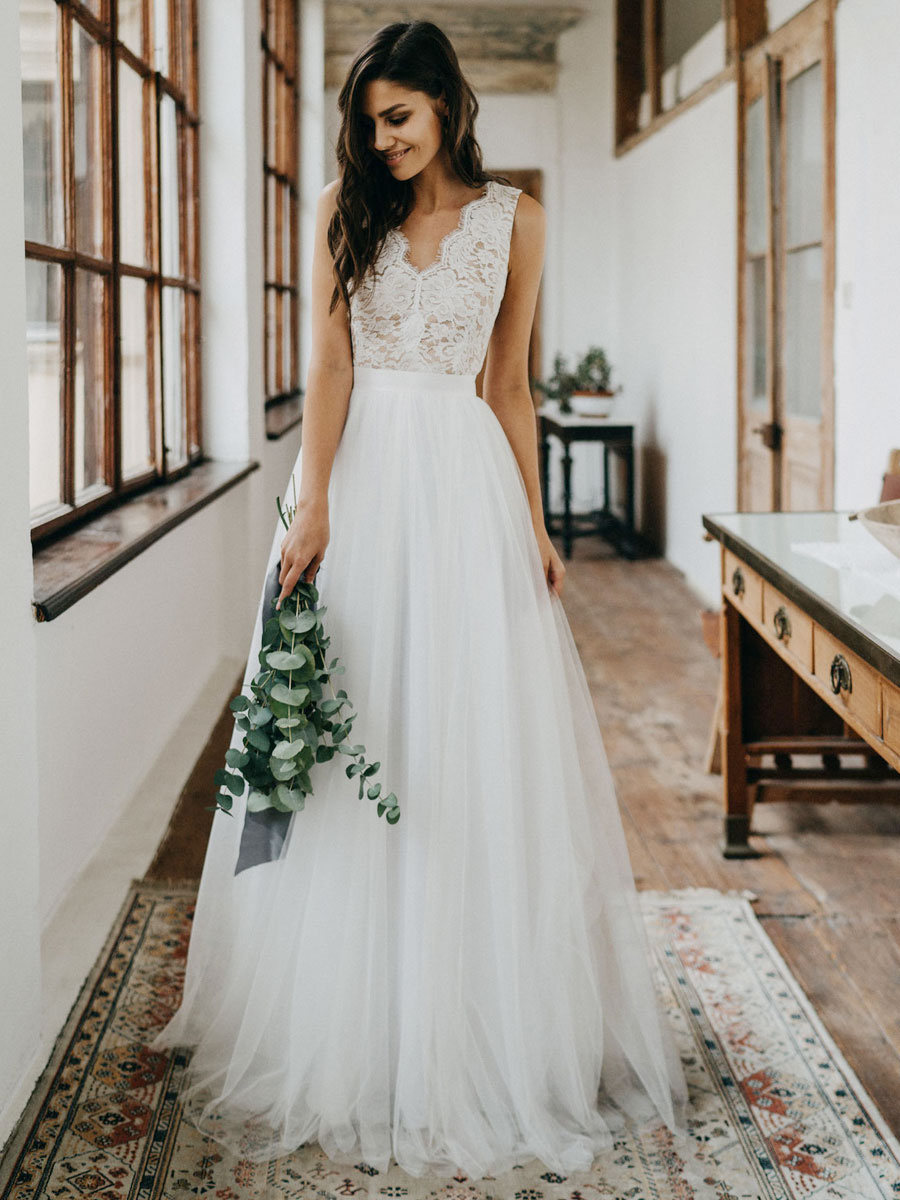 A-line V-neck Sleeveless Floor-length Lace Wedding Gown With Lace 4