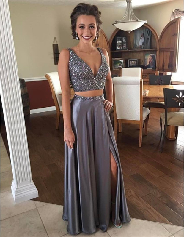 A-line V-neck Sleeveless Floor-length Formal Dress With Crystal 2