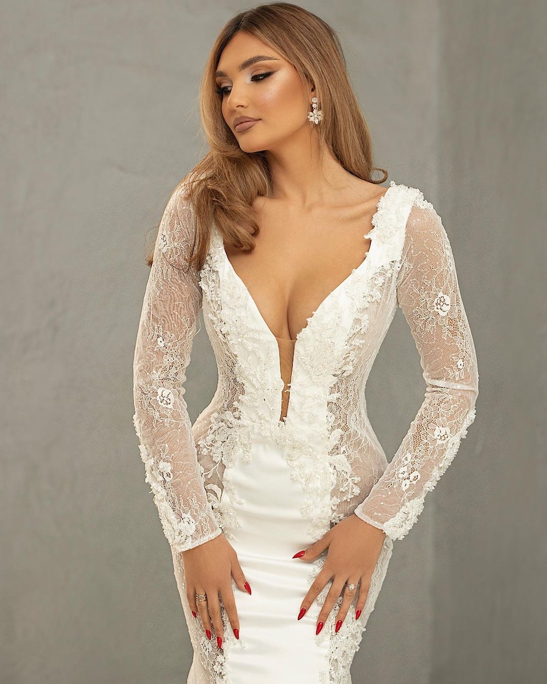 Mermaid Plunging Neckline Long Sleeves Court Train Satin Bridal Gown With Lace 3