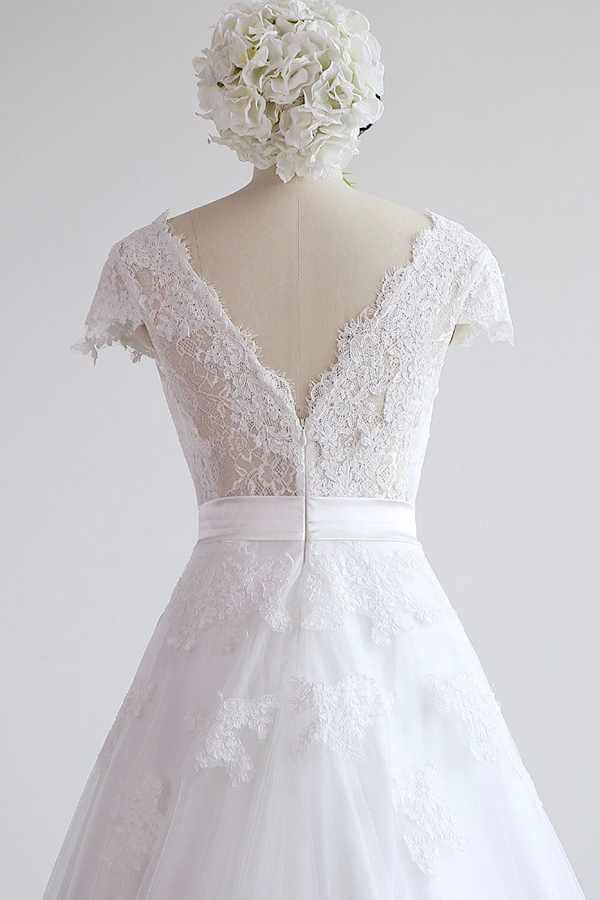 A-line V-neck Half-Sleeves Floor-length Tulle Wedding Dress With Ribbons 6
