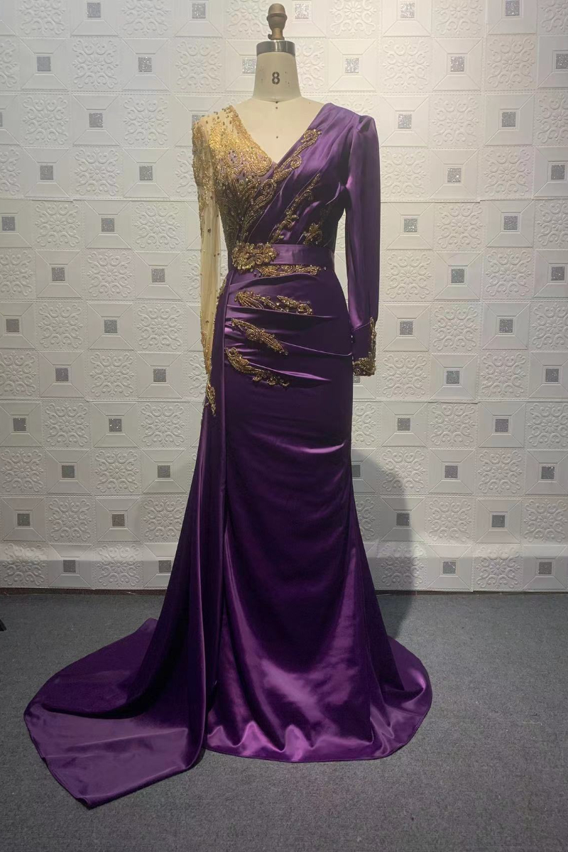 Column V-neck Long Sleeves Court Train Satin Formal Dress With Crystal Floral Pin 1