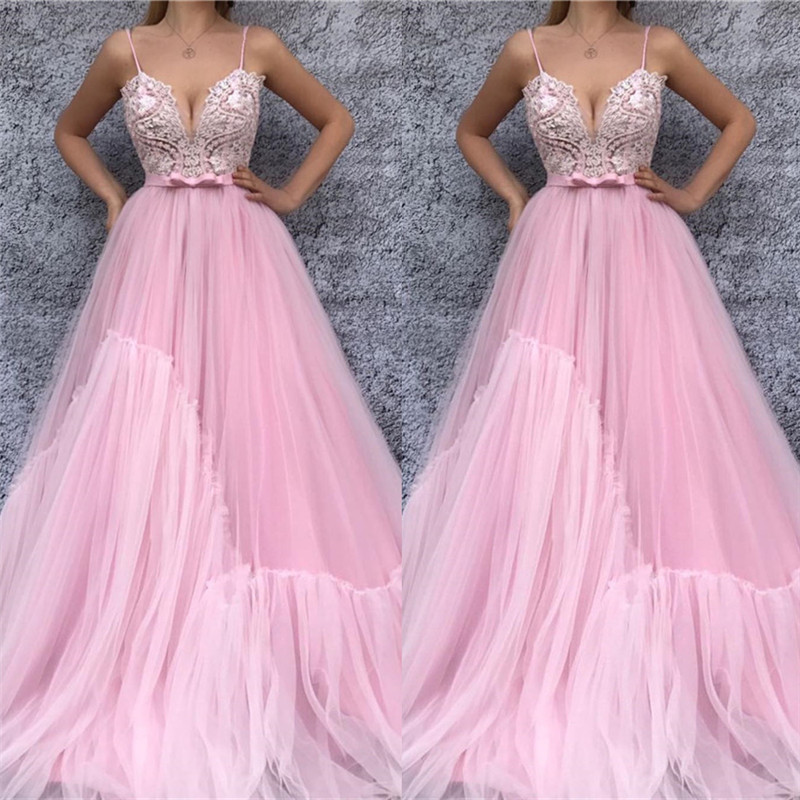 A-line Spaghetti Straps V-neck Sleeveless Floor-length Tulle Cocktail Party Dress With Bow 2
