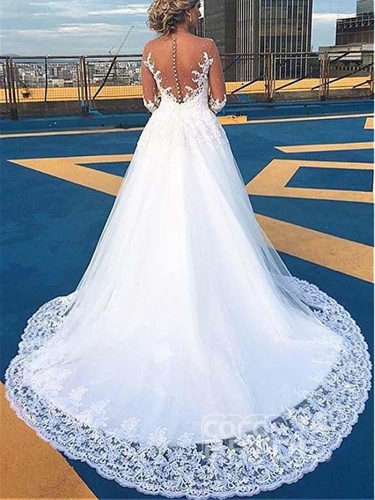 Ball Gown V-neck Long Sleeves Tulle Wedding Dress 2