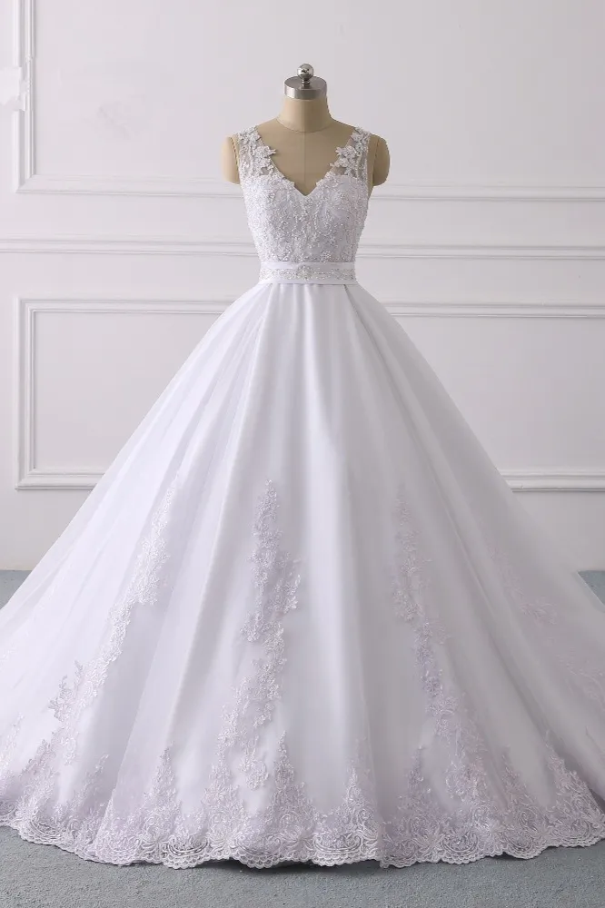 A-line V-neck Sleeveless Floor-length Satin Bridal Dress With Appliques 1