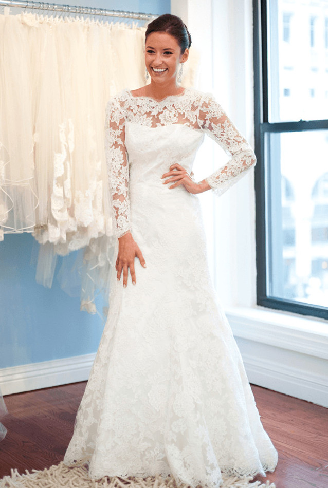 Column Scoop Neck Long Sleeves Sweep / Brush Train Bridal Gown With Lace 3