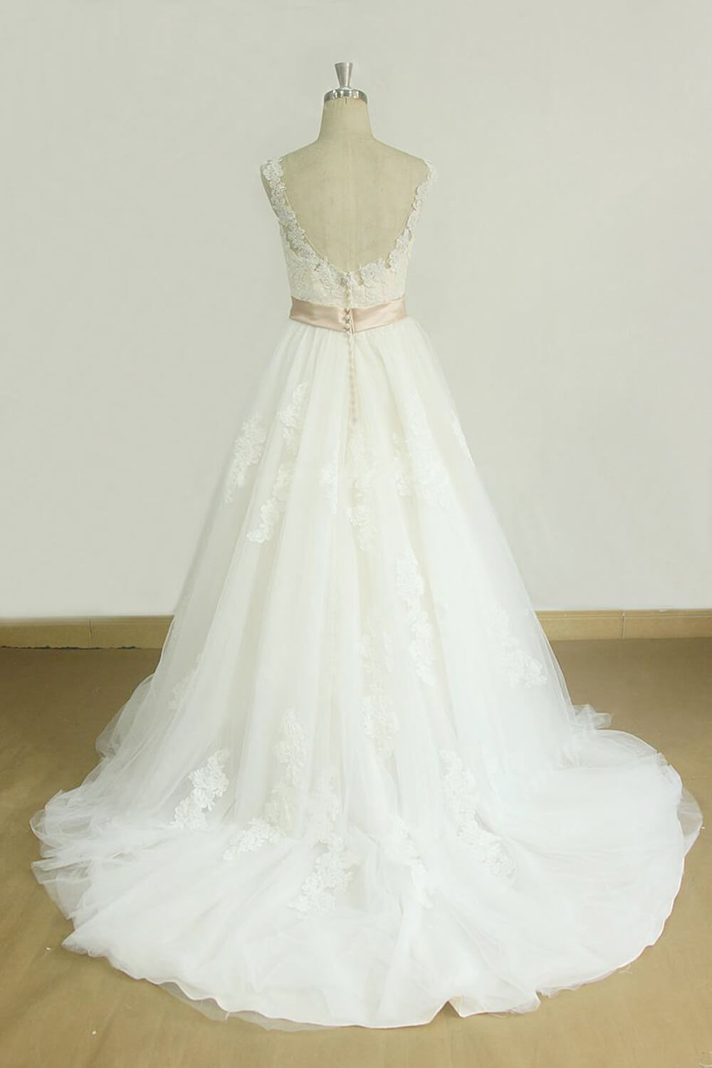 A-line Jewel Neck Sleeveless Chapel Train Tulle Bridal Attire With Ribbons 2