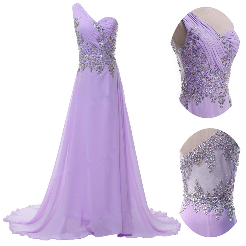 A-line One Shoulder Sleeveless Sweep / Brush Train 100D Chiffon Evening Gown With Crystal 3